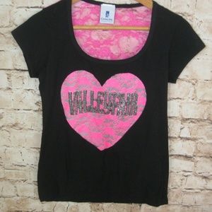 Valley Fair Black W/Pink Lace Heart Crystals Top M